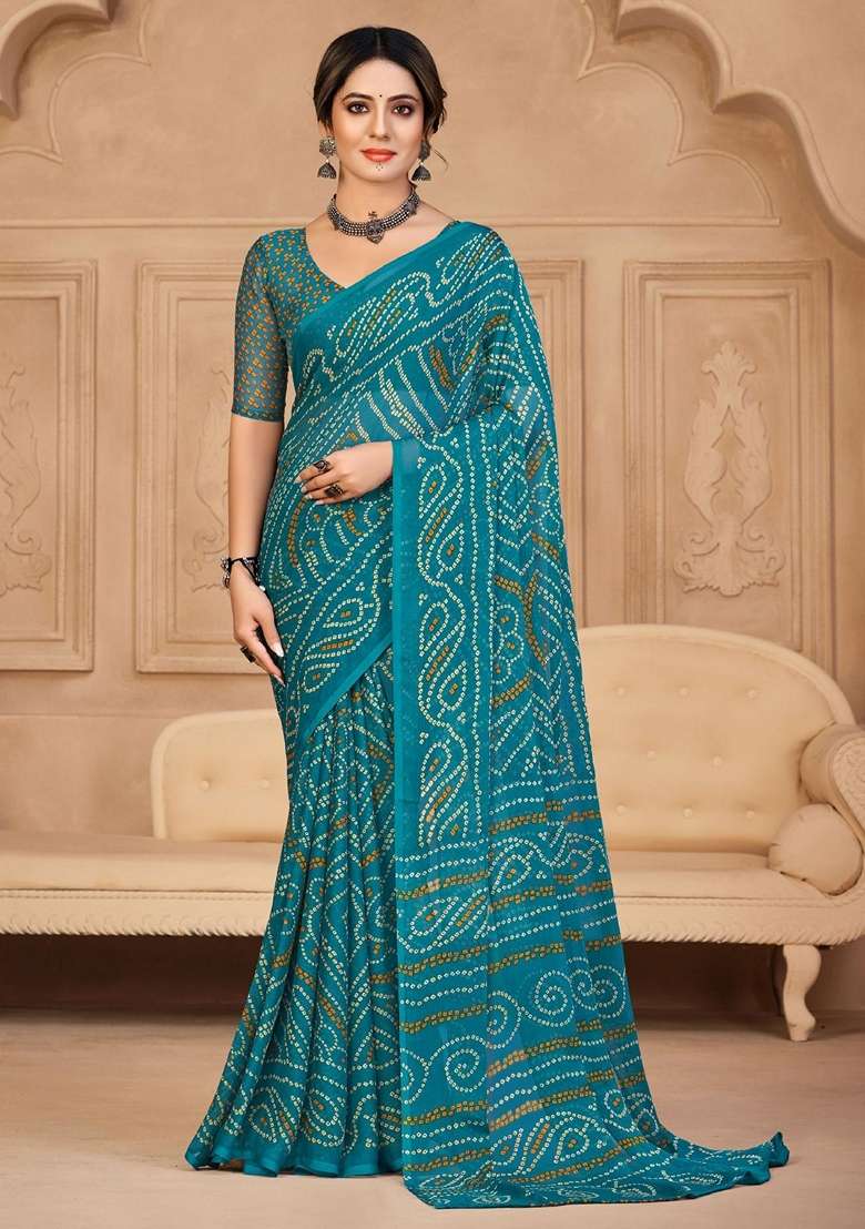 Turquoise Blue Chiffon Saree Set with Bandhani Print for Diwali | Wedding & Festive Wear - Indya