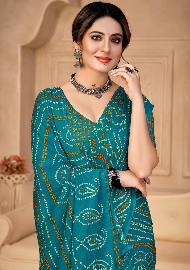 Turquoise Blue Bandhani Print Chiffon Saree Set