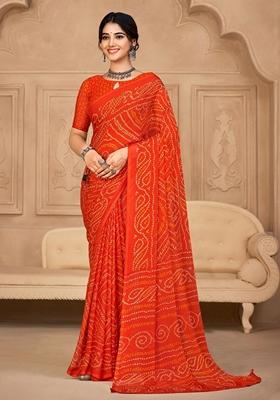 Orange Bandhani Print Chiffon Saree Set