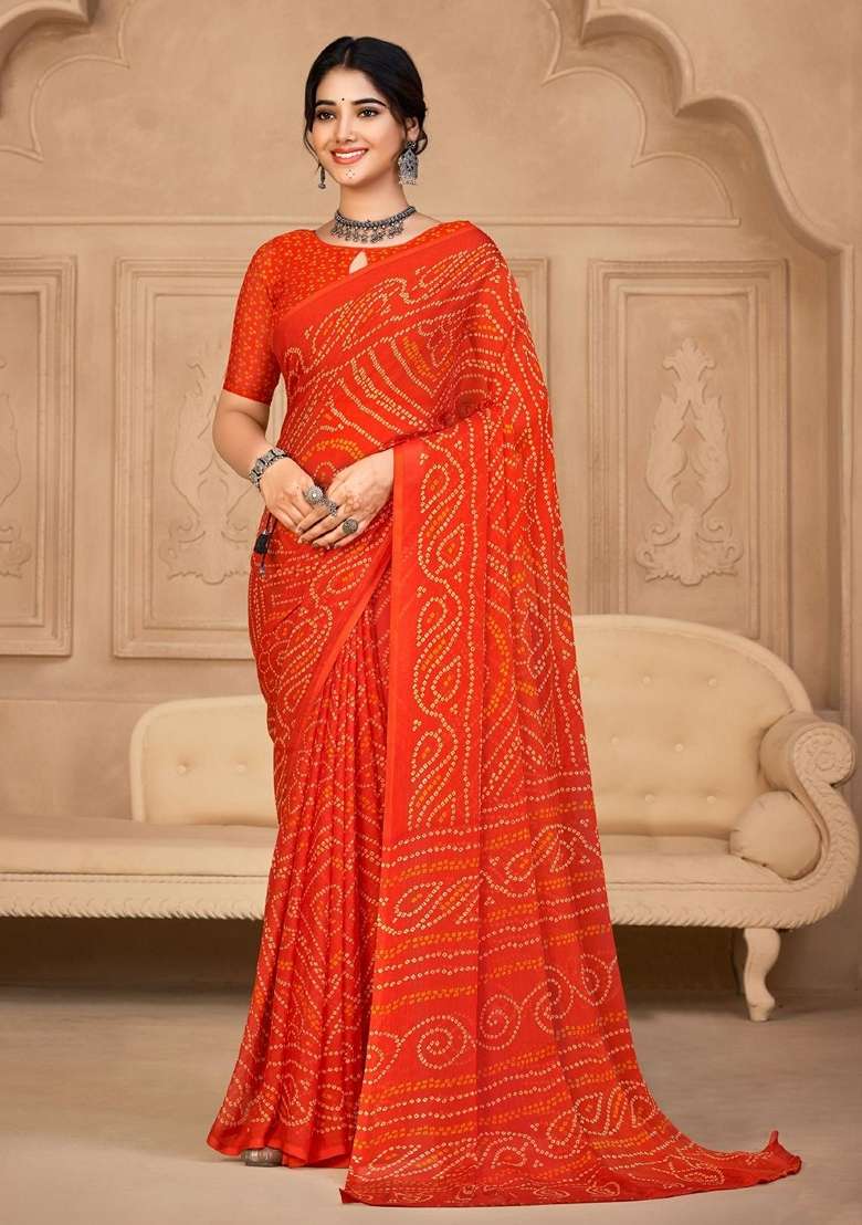 Orange Bandhani Print Chiffon Saree Set for Diwali and Festive Wear - Indya