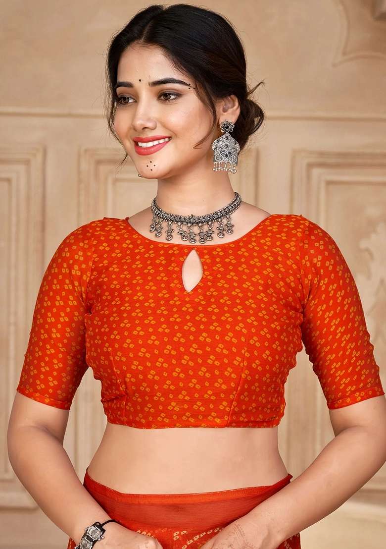 Orange Bandhani Print Chiffon Saree Set for Diwali and Festive Wear - Indya