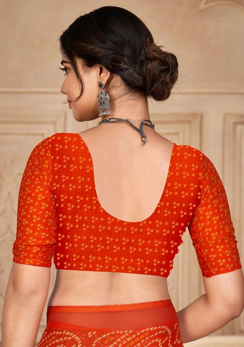 Orange Bandhani Print Chiffon Saree Set