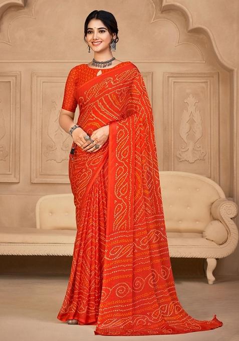 Orange Bandhani Print Chiffon Saree Set