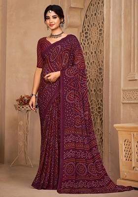 Wine Bandhani Print Chiffon Saree Set