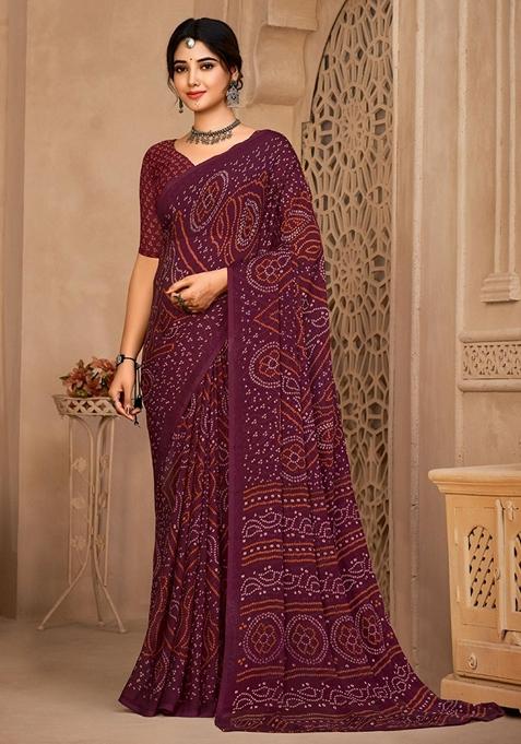 Wine Bandhani Print Chiffon Saree Set