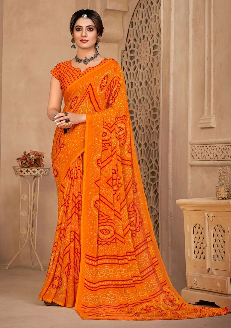 Orange Chiffon Saree Set with Bandhani Print for Diwali | Wedding & Festive Wear - Indya