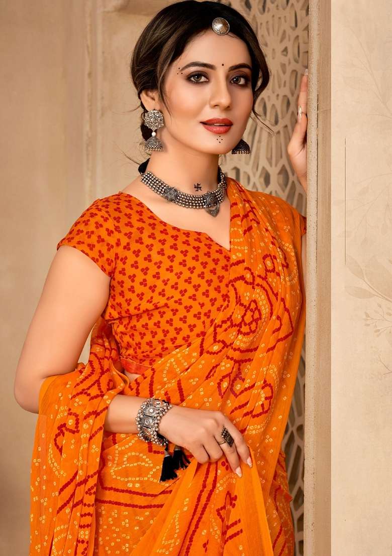 Orange Chiffon Saree Set with Bandhani Print for Diwali | Wedding & Festive Wear - Indya