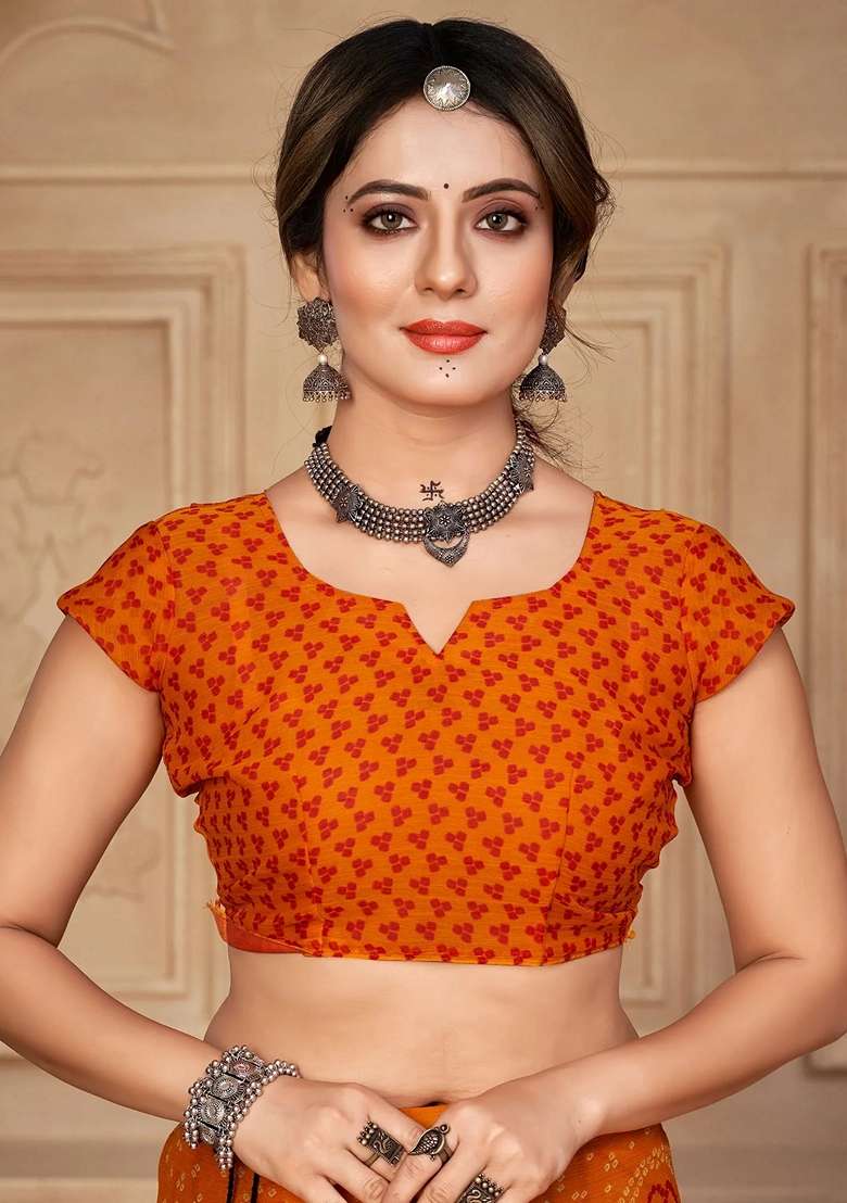 Orange Chiffon Saree Set with Bandhani Print for Diwali | Wedding & Festive Wear - Indya