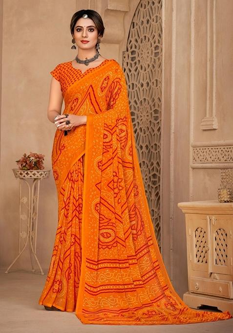 Orange Bandhani Print Chiffon Saree Set