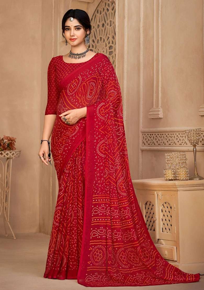 Red Chiffon Saree Set with Bandhani Print for Diwali | Wedding & Festive Wear - Indya