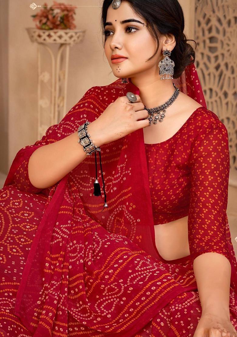 Red Bandhani Print Chiffon Saree Set