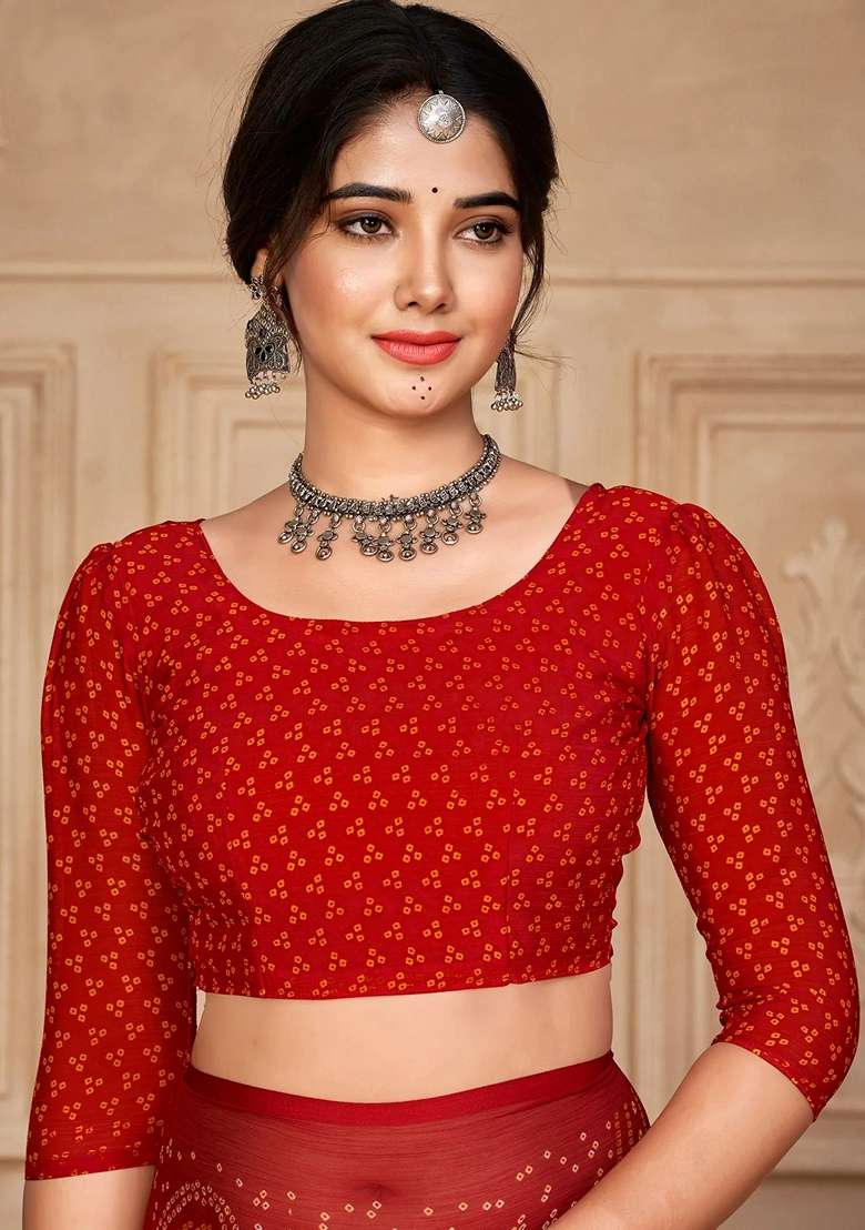 Red Chiffon Saree Set with Bandhani Print for Diwali | Wedding & Festive Wear - Indya