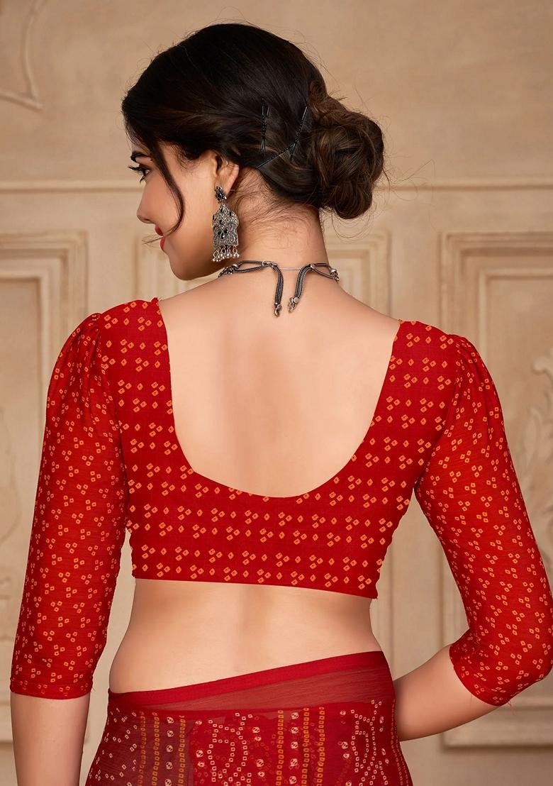 Red Bandhani Print Chiffon Saree Set