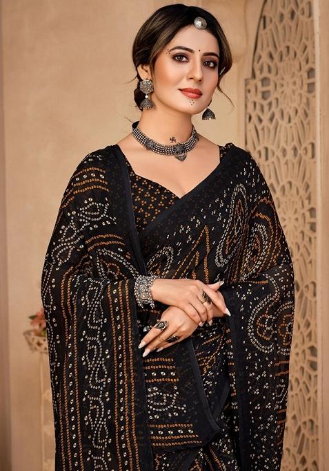 Black Bandhani Print Chiffon Saree Set