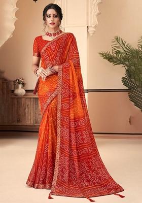 Orange Bandhani Print Chiffon Saree Set
