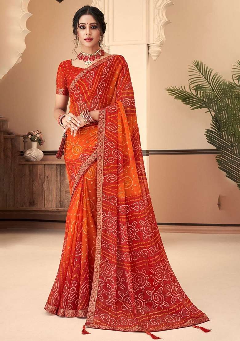 Orange Chiffon Saree Set with Bandhani Print for Diwali | Wedding & Festive Wear - Indya