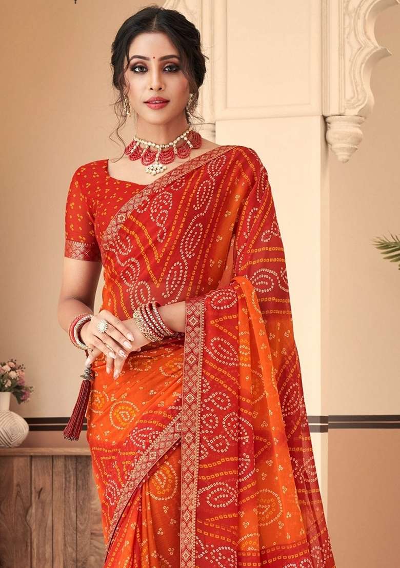 Orange Chiffon Saree Set with Bandhani Print for Diwali | Wedding & Festive Wear - Indya
