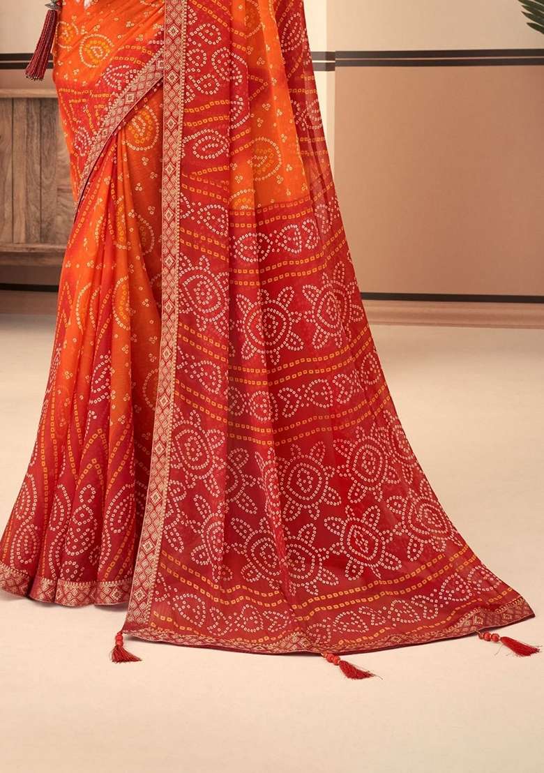 Orange Chiffon Saree Set with Bandhani Print for Diwali | Wedding & Festive Wear - Indya