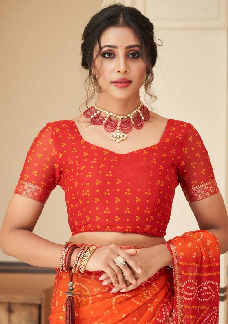 Orange Chiffon Saree Set with Bandhani Print for Diwali | Wedding & Festive Wear - Indya