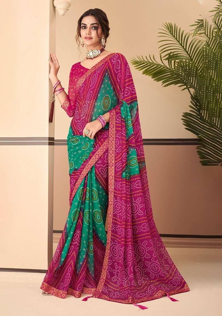 Magenta Chiffon Saree Set with Bandhani Print for Diwali | Wedding & Festive Wear - Indya