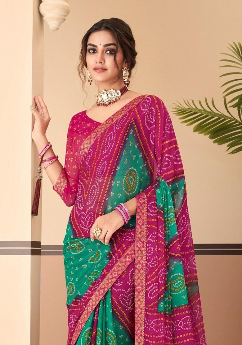 Magenta Bandhani Print Chiffon Saree Set