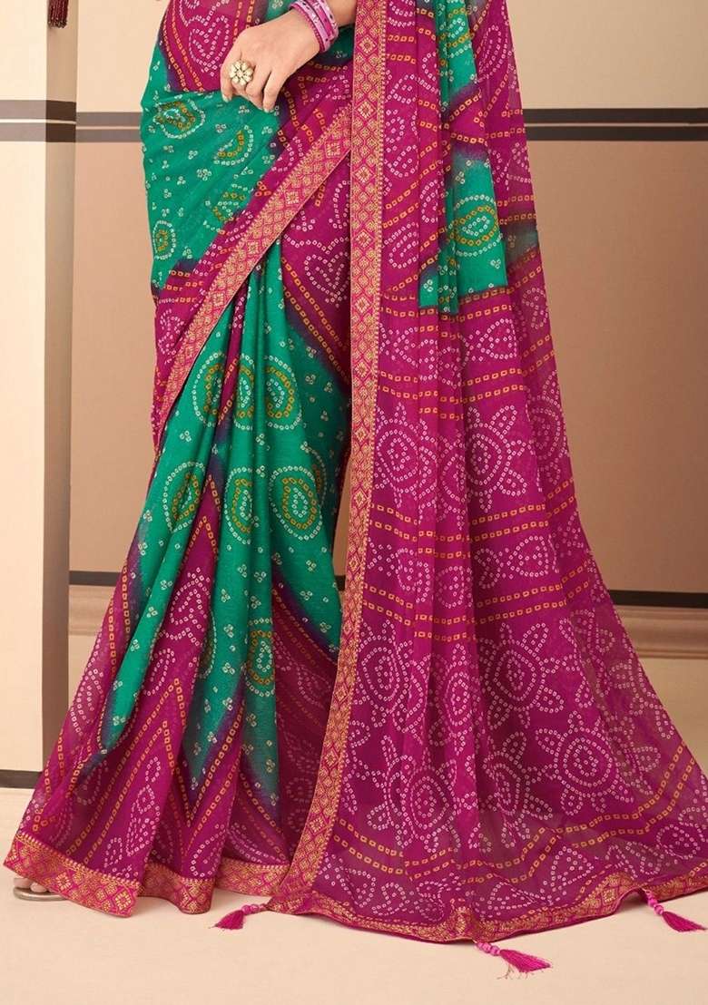 Magenta Chiffon Saree Set with Bandhani Print for Diwali | Wedding & Festive Wear - Indya