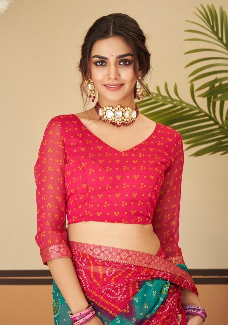 Magenta Bandhani Print Chiffon Saree Set