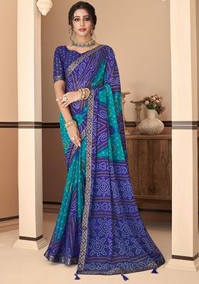 Blue Bandhani Print Chiffon Saree Set