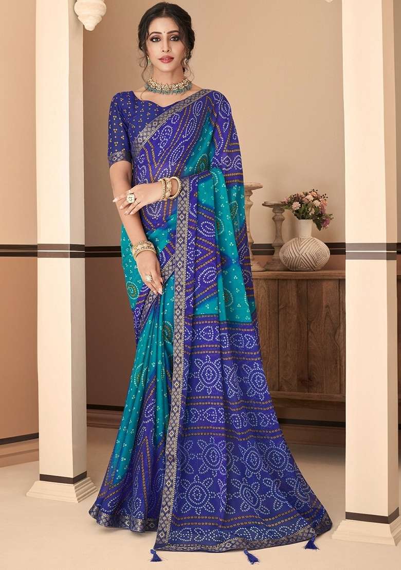 Blue Bandhani Print Chiffon Saree Set for Diwali and Festive Wear - Indya