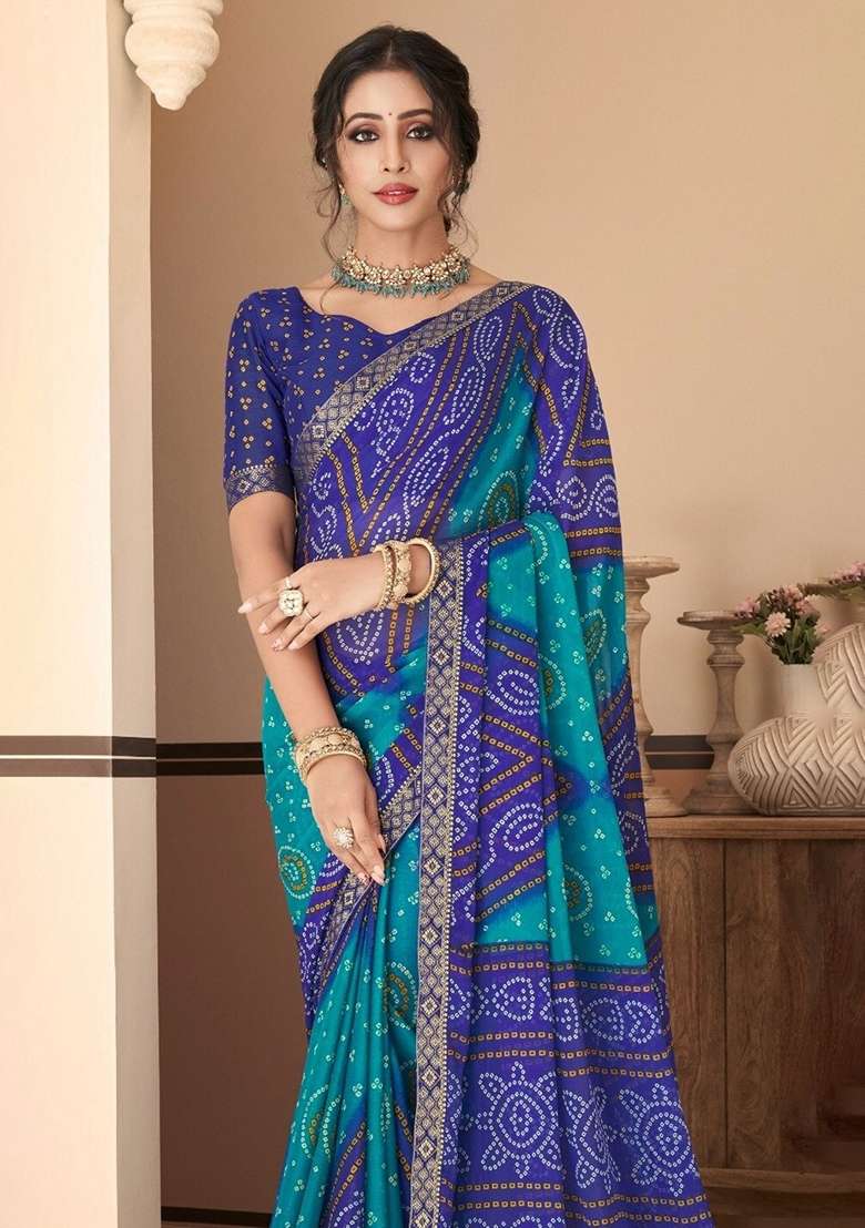 Blue Bandhani Print Chiffon Saree Set for Diwali and Festive Wear - Indya