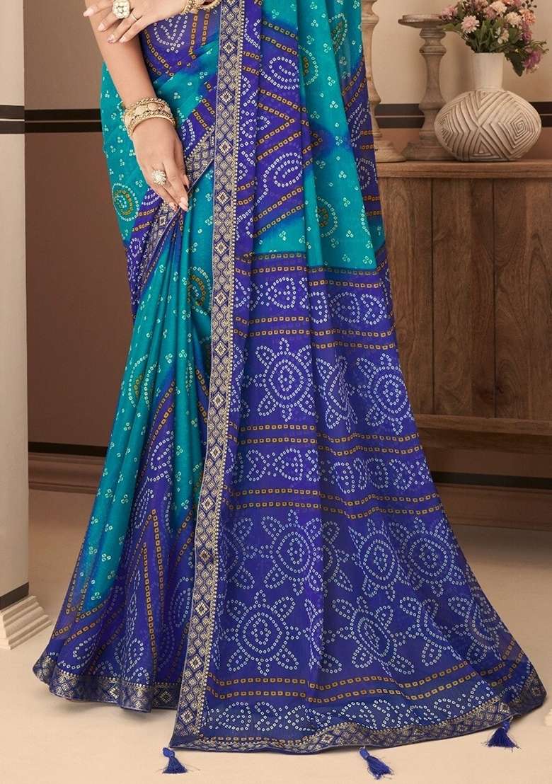 Blue Bandhani Print Chiffon Saree Set for Diwali and Festive Wear - Indya