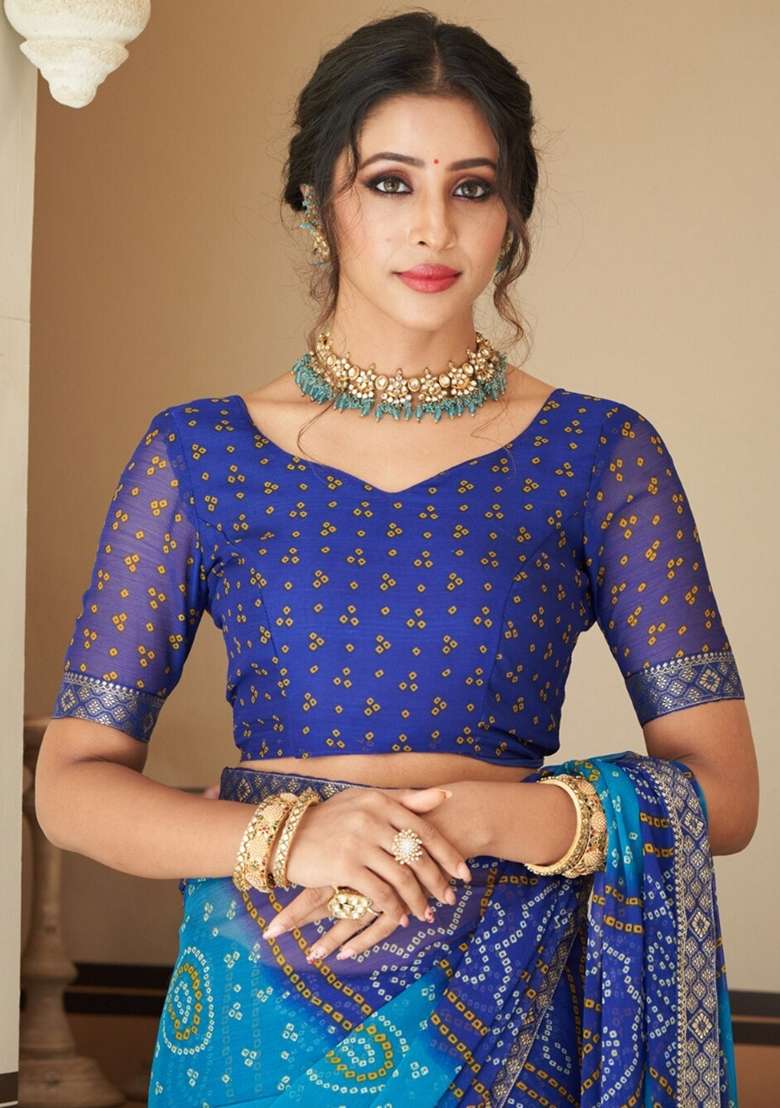 Blue Bandhani Print Chiffon Saree Set for Diwali and Festive Wear - Indya
