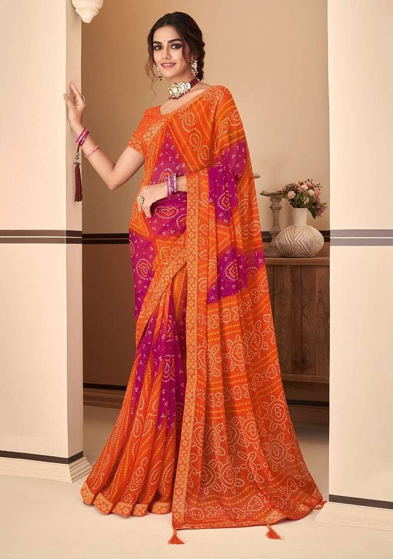 Orange Chiffon Saree Set with Bandhani Print for Diwali | Wedding & Festive Wear - Indya