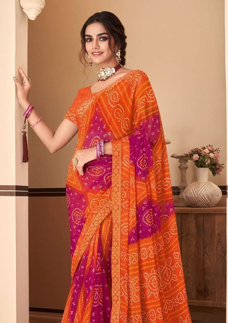 Orange Chiffon Saree Set with Bandhani Print for Diwali | Wedding & Festive Wear - Indya