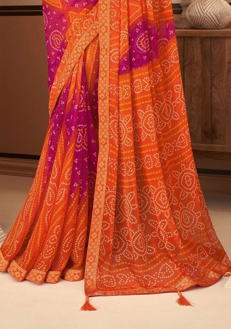 Orange Chiffon Saree Set with Bandhani Print for Diwali | Wedding & Festive Wear - Indya