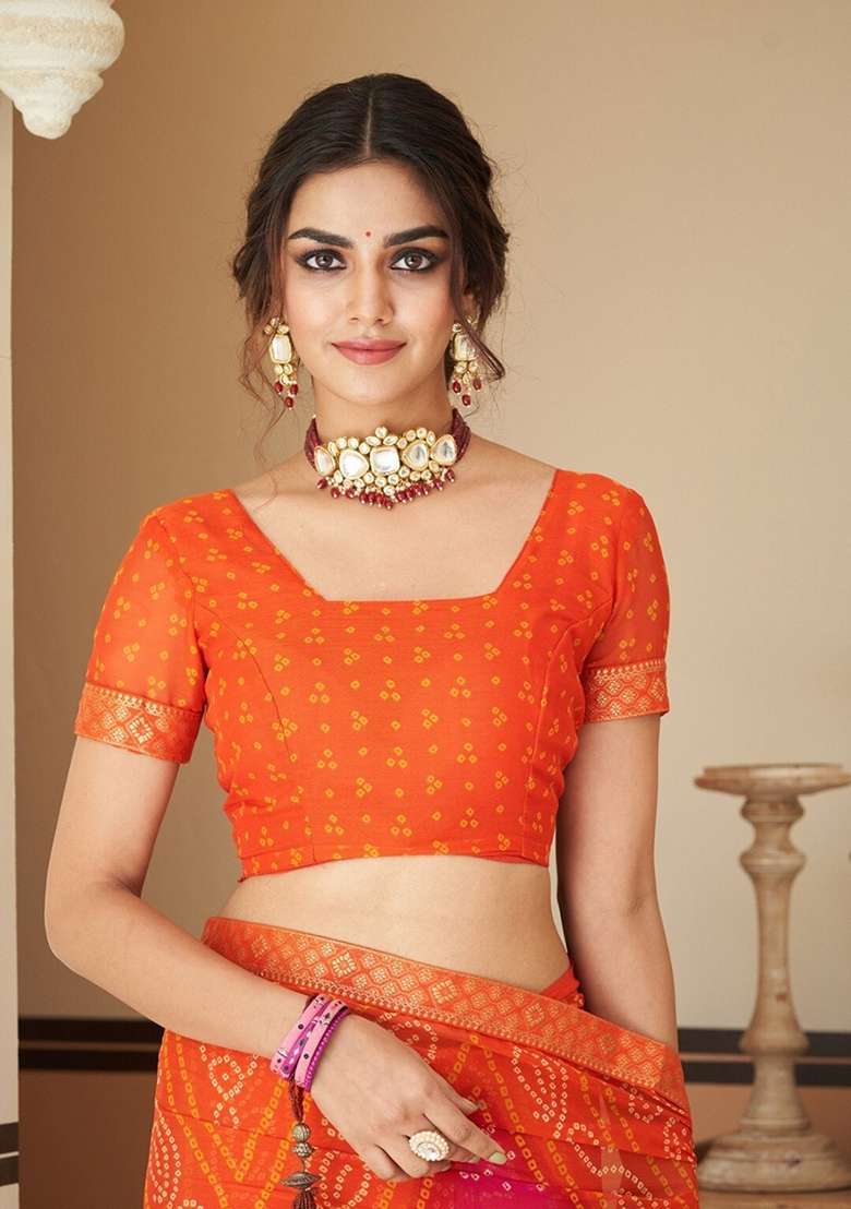 Orange Chiffon Saree Set with Bandhani Print for Diwali | Wedding & Festive Wear - Indya
