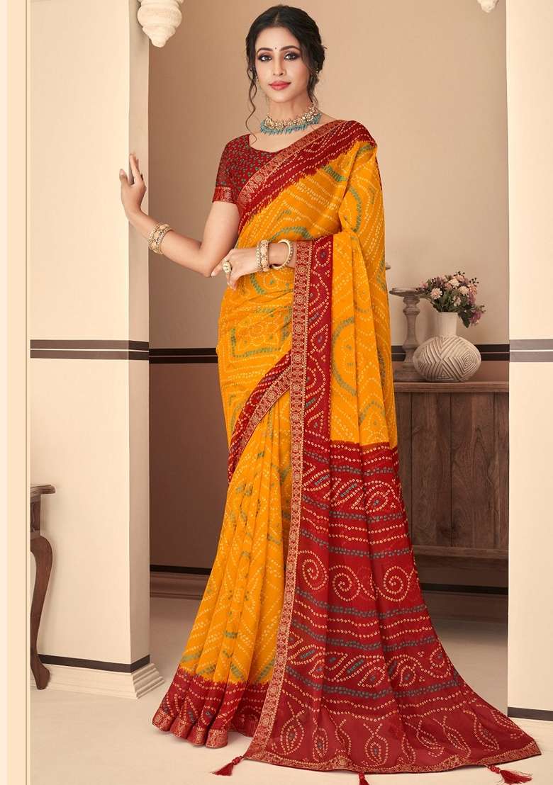 Yellow Bandhani Print Chiffon Saree Set for Diwali and Festive Wear - Indya