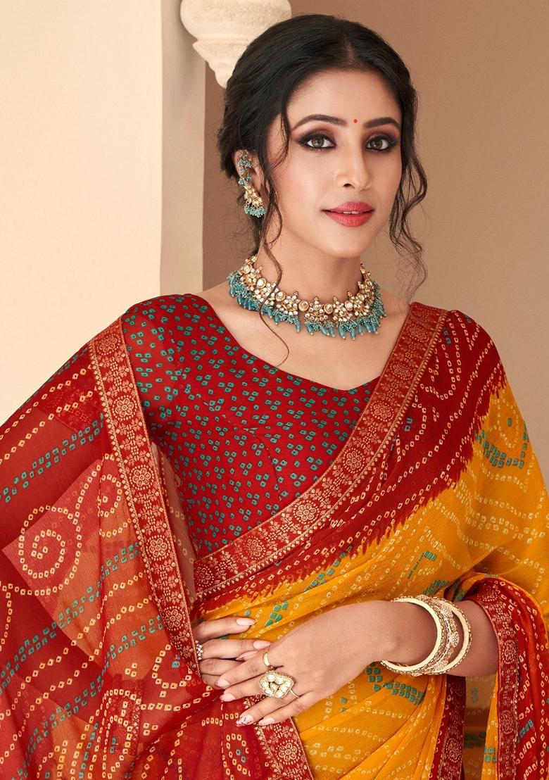 Yellow Bandhani Print Chiffon Saree Set
