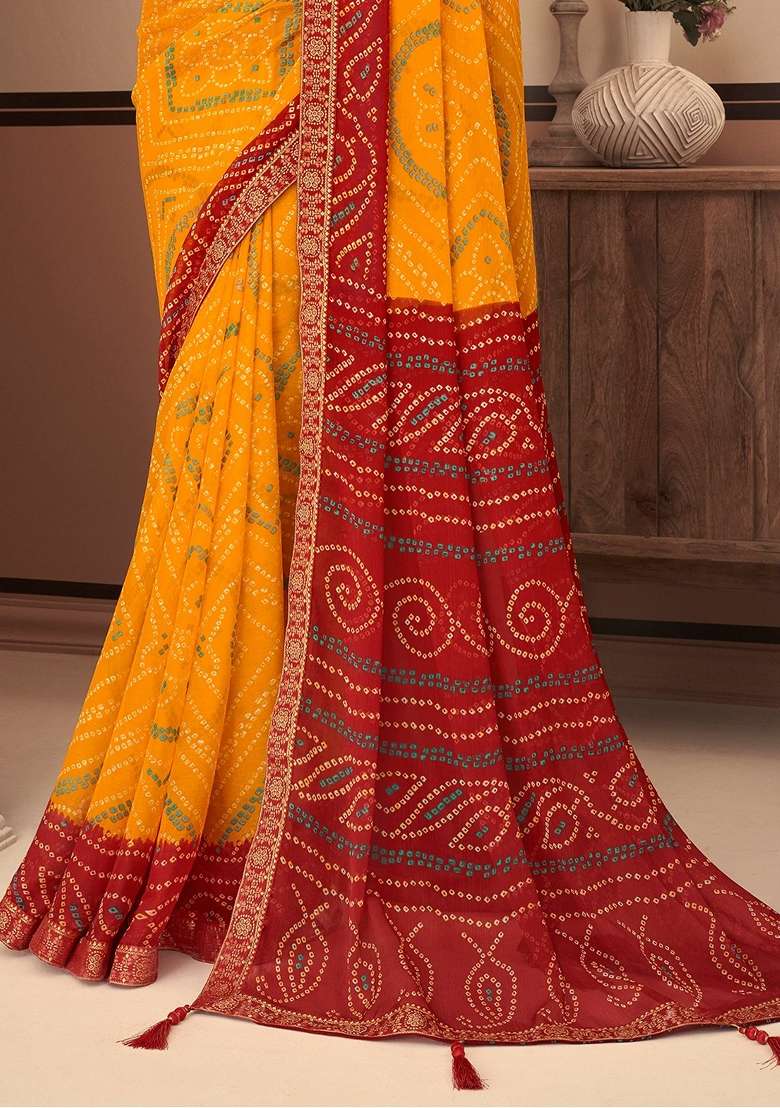 Yellow Bandhani Print Chiffon Saree Set for Diwali and Festive Wear - Indya