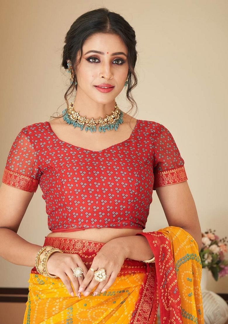 Yellow Bandhani Print Chiffon Saree Set