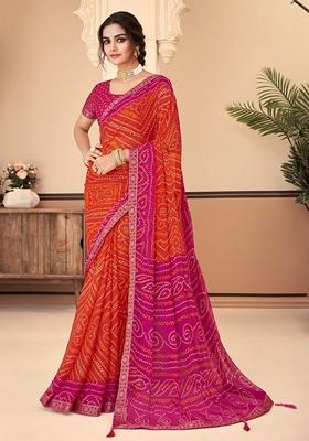Orange Bandhani Print Chiffon Saree Set