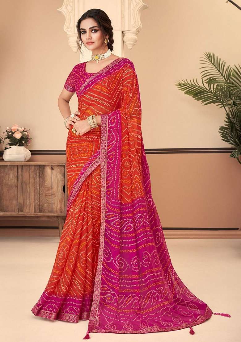 Orange Bandhani Print Chiffon Saree Set for Diwali and Festive Wear - Indya