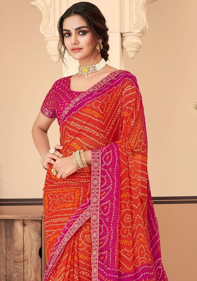 Orange Bandhani Print Chiffon Saree Set for Diwali and Festive Wear - Indya