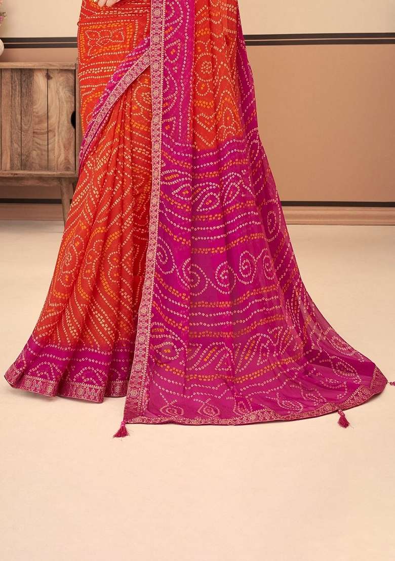 Orange Bandhani Print Chiffon Saree Set for Diwali and Festive Wear - Indya
