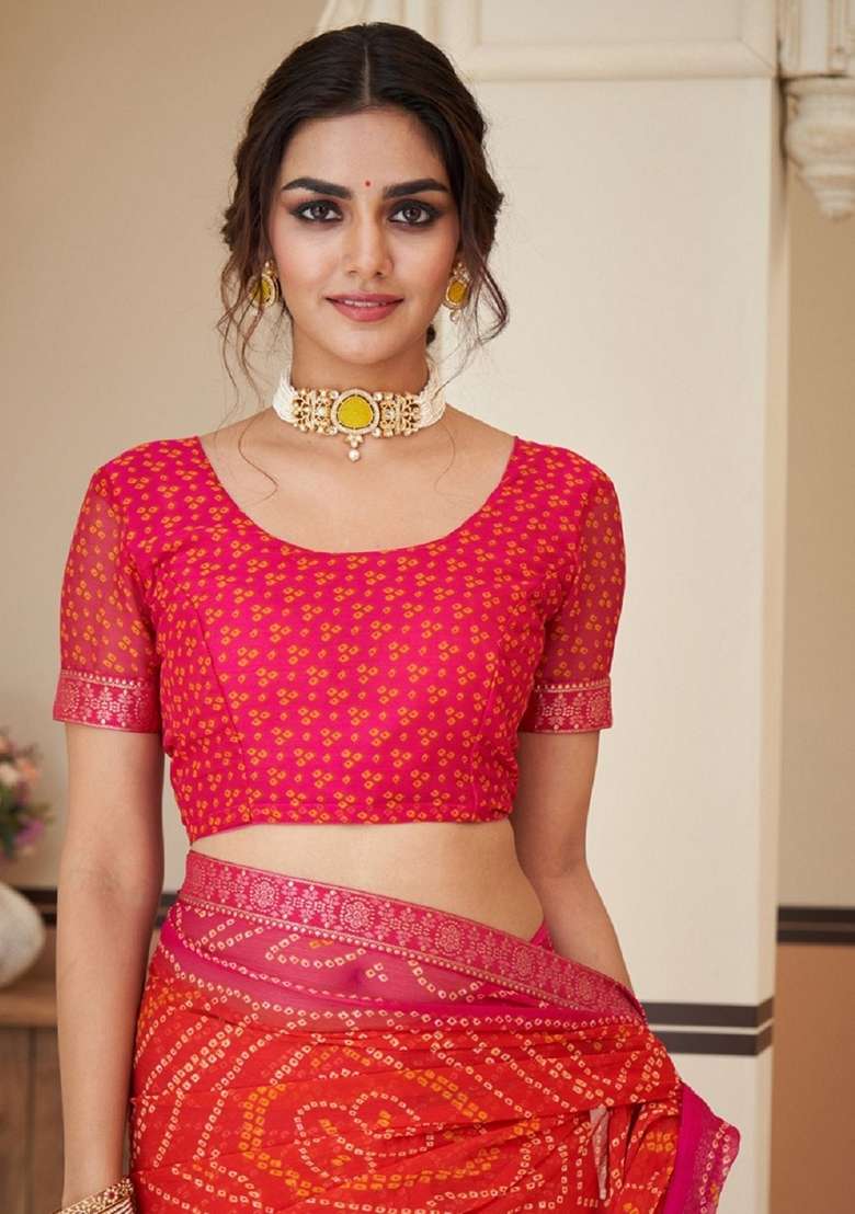 Orange Bandhani Print Chiffon Saree Set for Diwali and Festive Wear - Indya