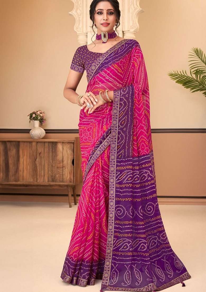 Pink Chiffon Saree Set with Bandhani Print for Diwali | Wedding & Festive Wear - Indya