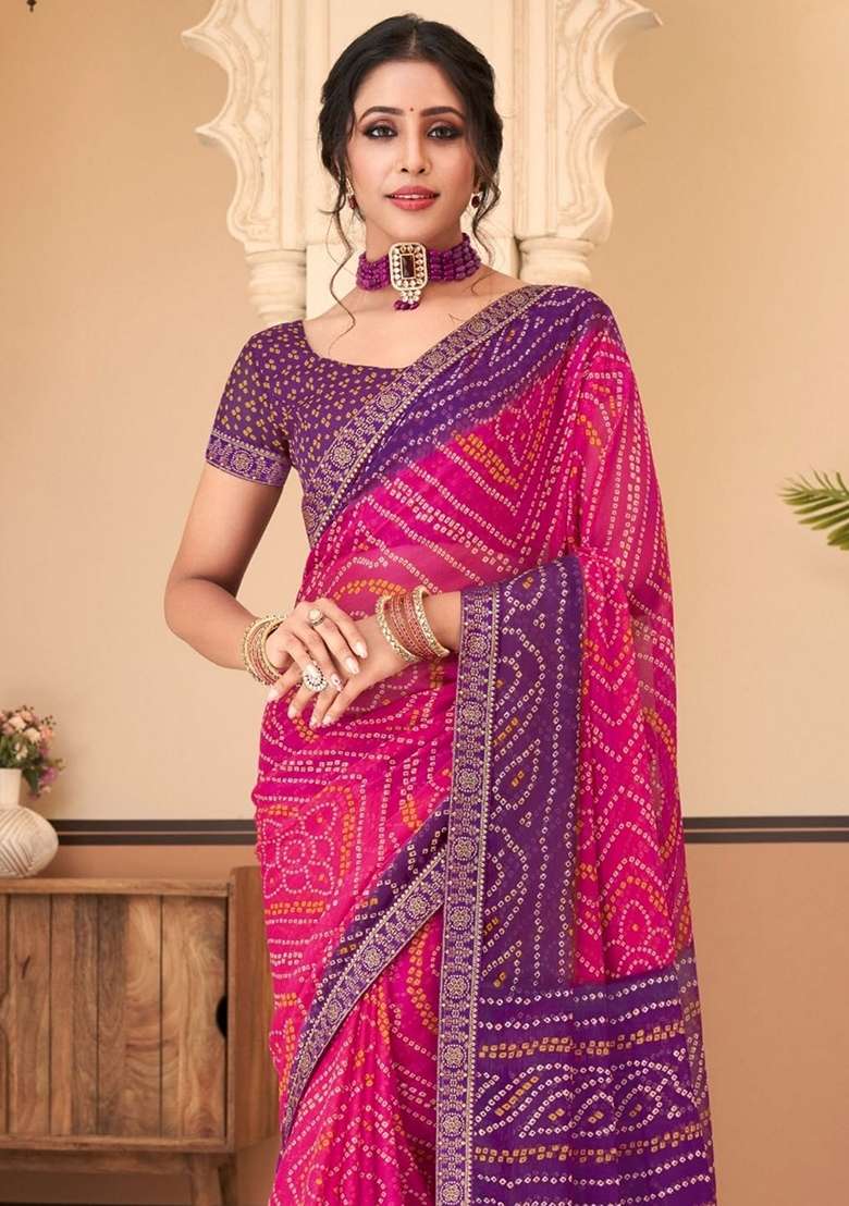 Pink Chiffon Saree Set with Bandhani Print for Diwali | Wedding & Festive Wear - Indya