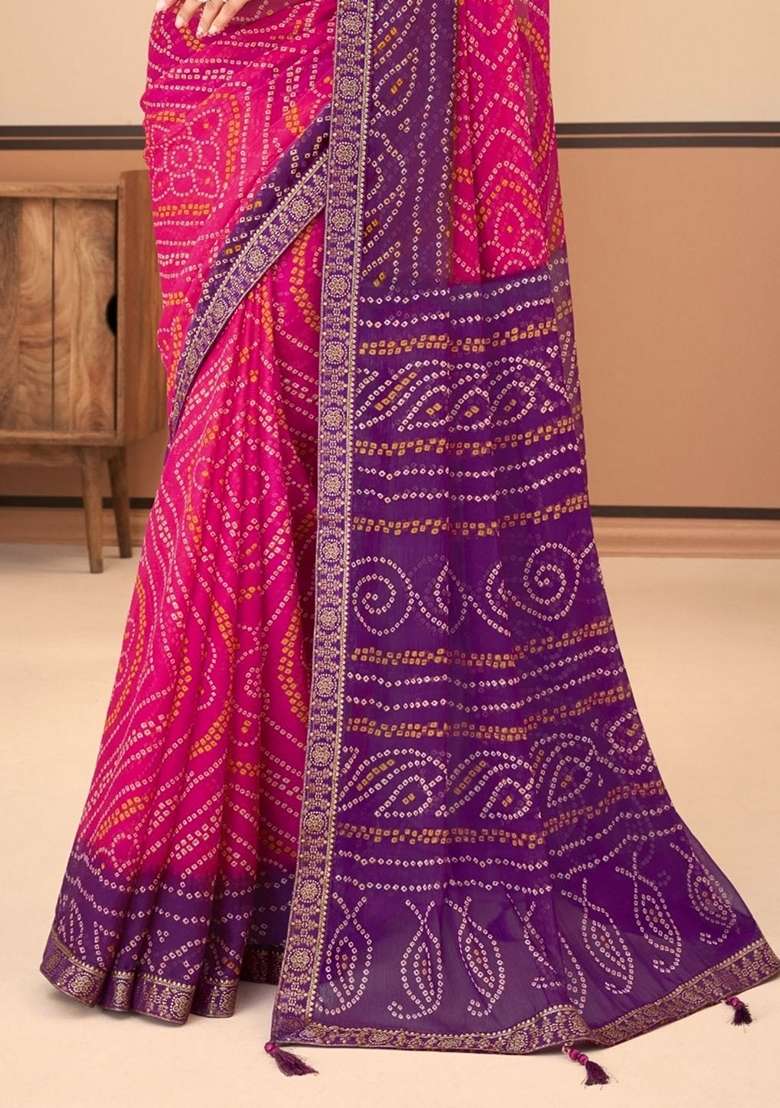 Pink Chiffon Saree Set with Bandhani Print for Diwali | Wedding & Festive Wear - Indya