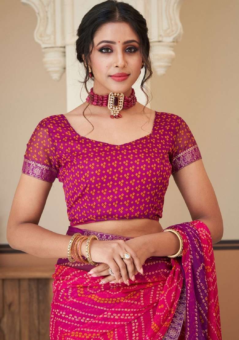 Pink Chiffon Saree Set with Bandhani Print for Diwali | Wedding & Festive Wear - Indya