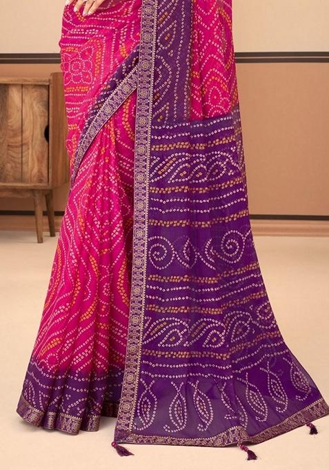 Pink Pure Georgette Chiffon Bandhani Print Saree